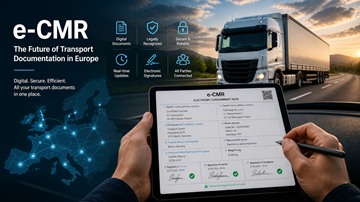 Kuljettaja käyttää tablettia, jossa on digitaalinen CMR-rahtikirja, samalla kun kuorma-autokuljetus on käynnissä Euroopassa – kuvaa modernia logistiikan digitalisaatiota